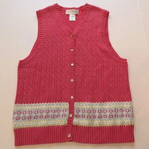 Susan Bristol 2000 Pink Cable Knit Floral Hand Embroidered Sweater Vest